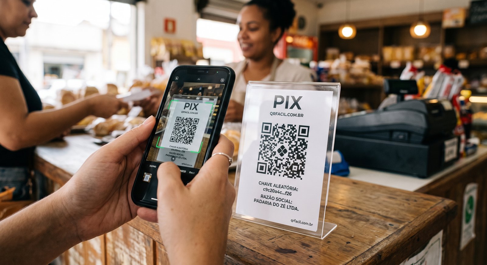 Cliente pagando com Pix ao escanear um QR Code no balcão de uma loja  qrfacil.com.br