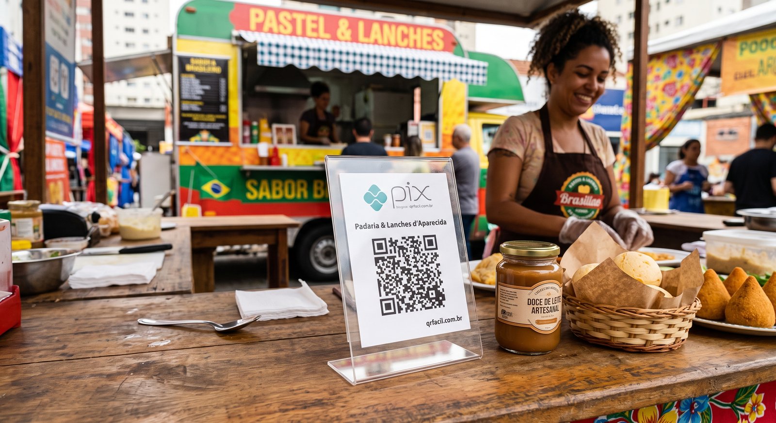 Plaquinha de acrílico com QR Code Pix no balcão de uma loja  qrfacil.com.br