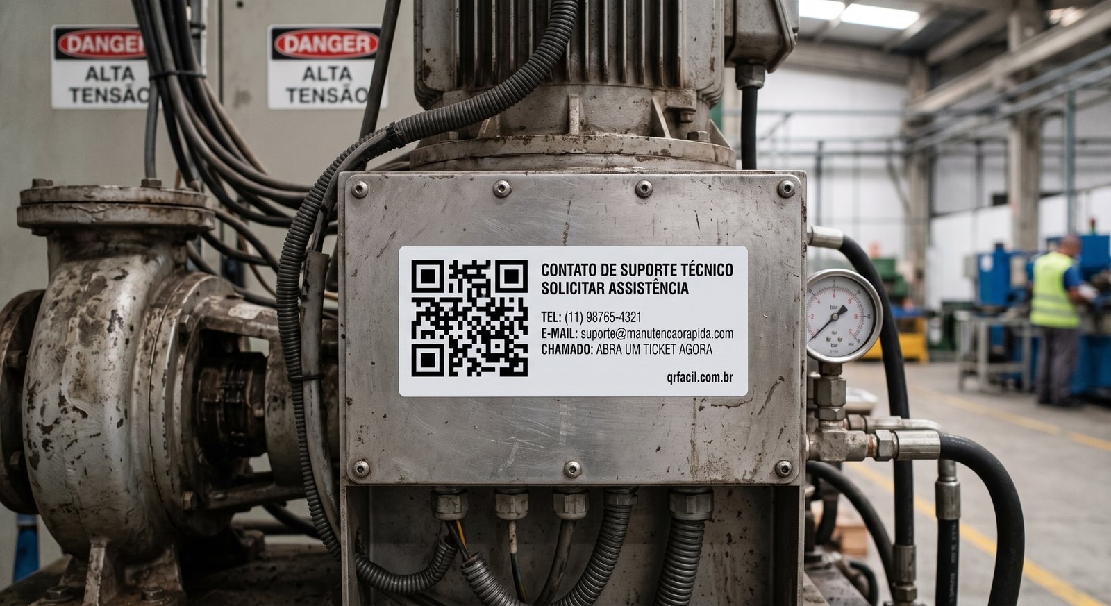 Etiqueta com QR Code de telefone colada em um equipamento de suporte técnico qrfacil