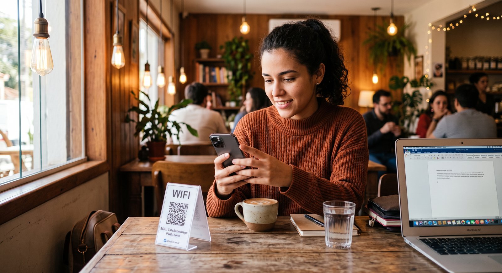 Pessoa escaneando um QR Code de Wi-Fi com o celular para se conectar automaticamente qrfacil