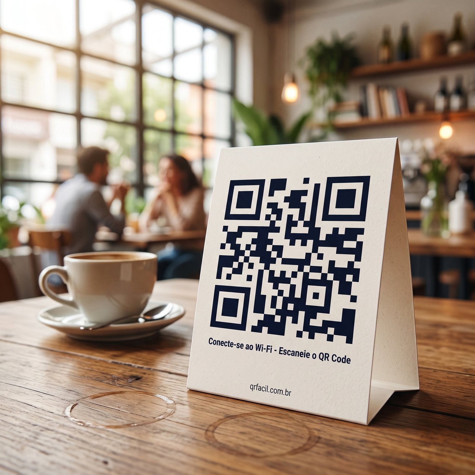 Plaquinha com QR Code de Wi-Fi sobre uma mesa de café qrfacil